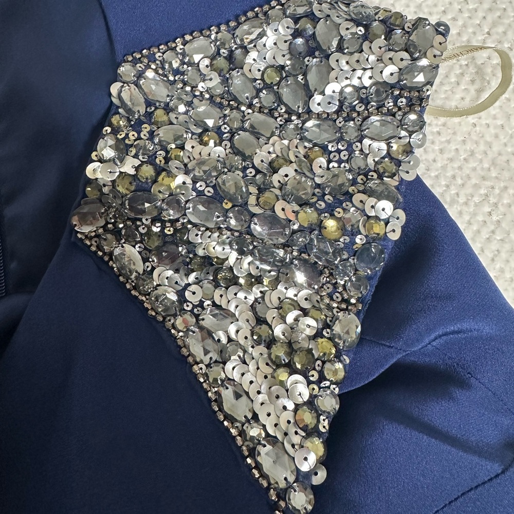 Marchesa Notte Blue Silk Evening Gown Beaded Shoulders V Neck Sleeveless 10 - Picture 7 of 13